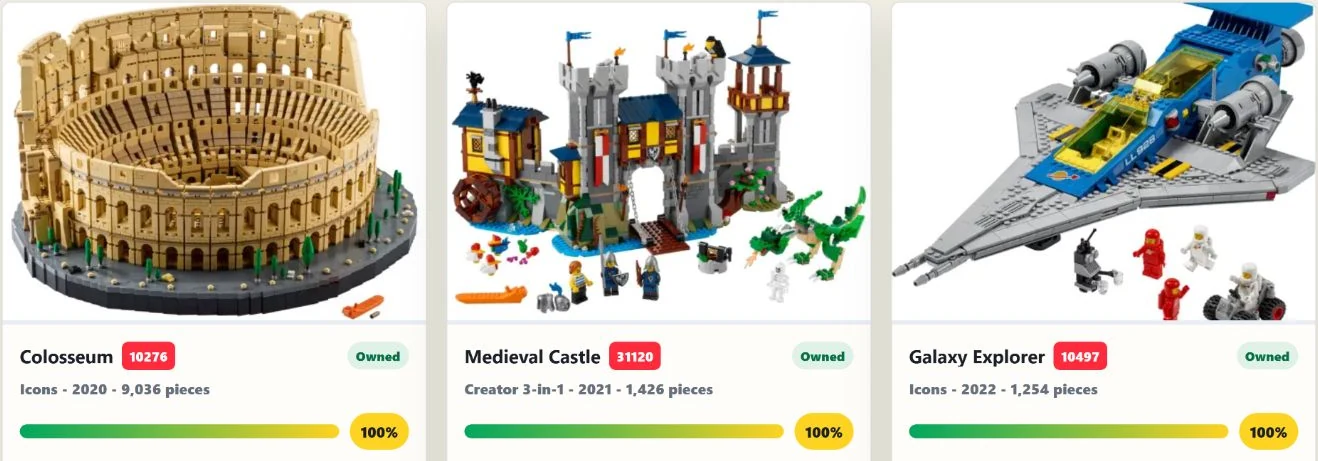 Actual Brick Finder app example: Colosseum, Medieval Castle and Galaxy Explorer, with theme, piece count and 100% completion bars.
