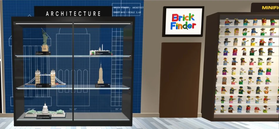 An actual Display Room with Architecture models and a populated minifigure cabinet