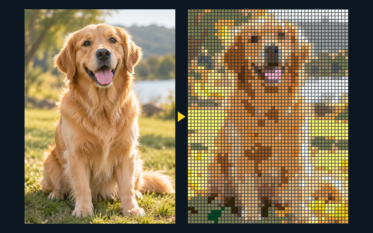 A photo of a golden retriever next to the same dog as a LEGO mosaic