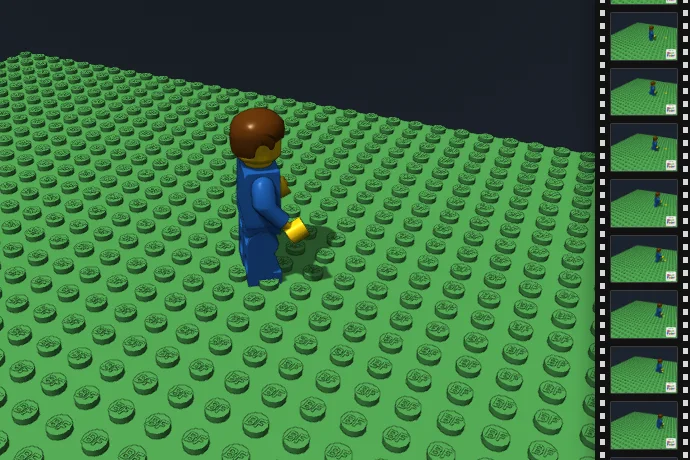 A minifigure walking on a baseplate, with picture frames in a film strip