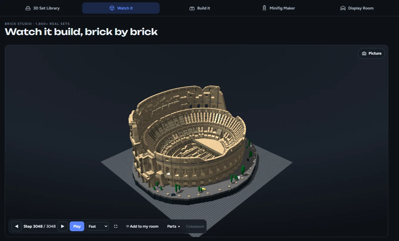 Brick Studio showing the Colosseum, all 3,048 steps of its 3D building plan, with the play controls and the Set Library, Watch it, Build it, Minifigure Creator and Display Room tabs