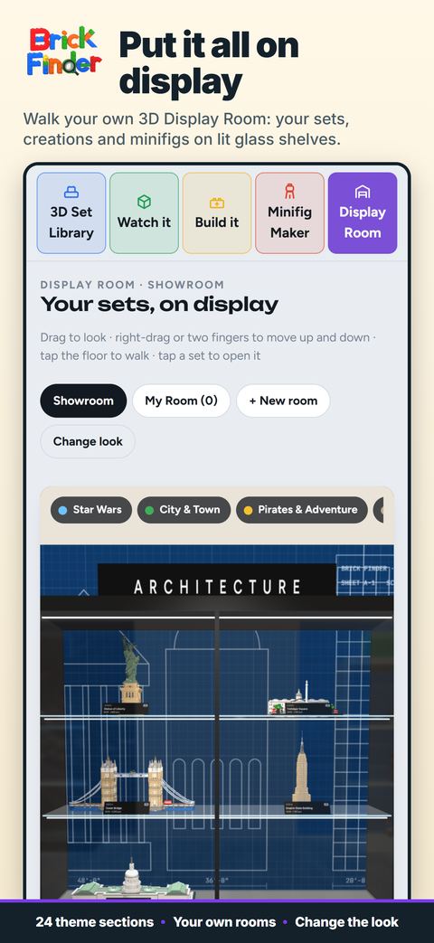 Put it all on display: Walk through your own 3D Display Room with your sets, creations and minifigs on lit glass shelves. 3D model from the LDraw Official Model Repository (CC BY).