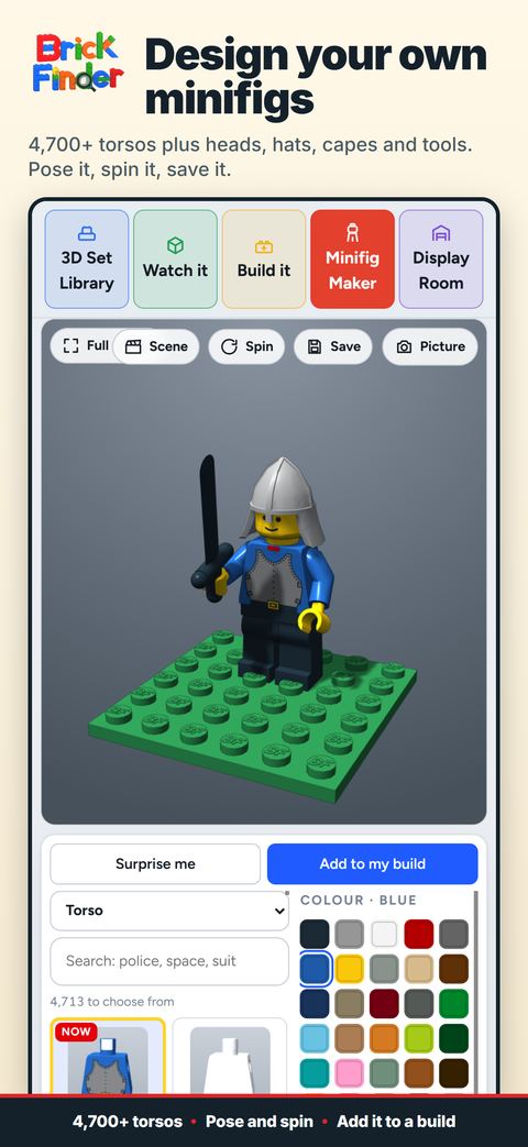 Design your own minifigs: The Minifigure Creator: 4,700+ torsos plus heads, hats, capes and tools. Pose it, spin it, save it.