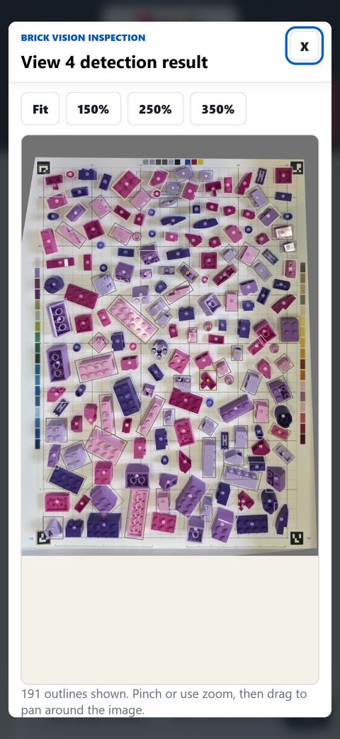 BrickVision scan result: The app screen after a scan: every piece on the tray outlined and numbered.