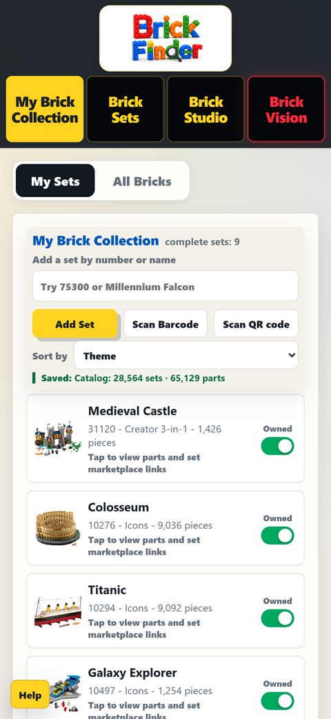 My Brick Collection: Owned sets with their part counts, added by number, name or barcode.