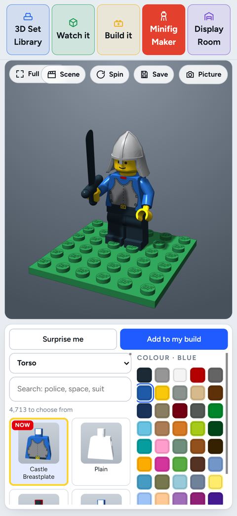 Minifigure Creator: A knight minifigure posed on a baseplate in the Minifigure Creator.