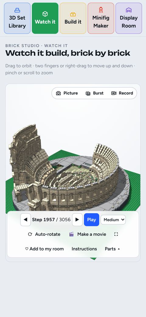 Brick Studio: Watch it: The Colosseum part-way through its 3D build, step 1,957 of 3,056. 3D model from the LDraw Official Model Repository (CC BY).