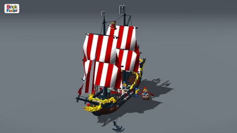 Black Seas Barracuda in Brick Studio (4K): The finished Black Seas Barracuda pirate ship in Brick Studio, 3840 × 2160. 3D model from the LDraw Official Model Repository (CC BY).