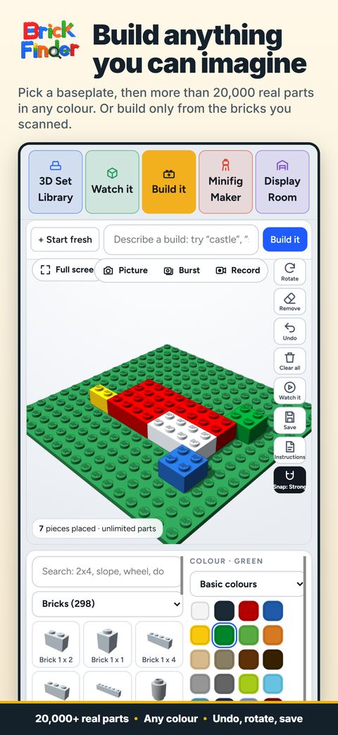 Build anything you can imagine: Pick a baseplate, then build with thousands of real parts in any colour.