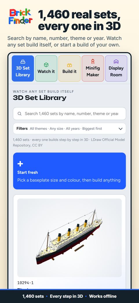Real sets, every one in 3D: Brick Studio's 3D set library: search by name, number, theme or year, then watch any set build itself. 3D model from the LDraw Official Model Repository (CC BY).