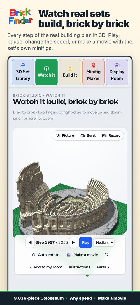 Watch real sets build: Every step of the real building plan in 3D, at any speed. Shown: the 9,036-piece Colosseum. 3D model from the LDraw Official Model Repository (CC BY).